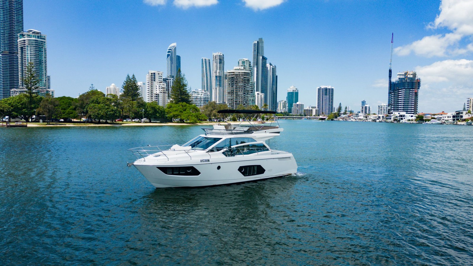Aerial photo of a luxury cruiser with the Surfers Paradise skyline