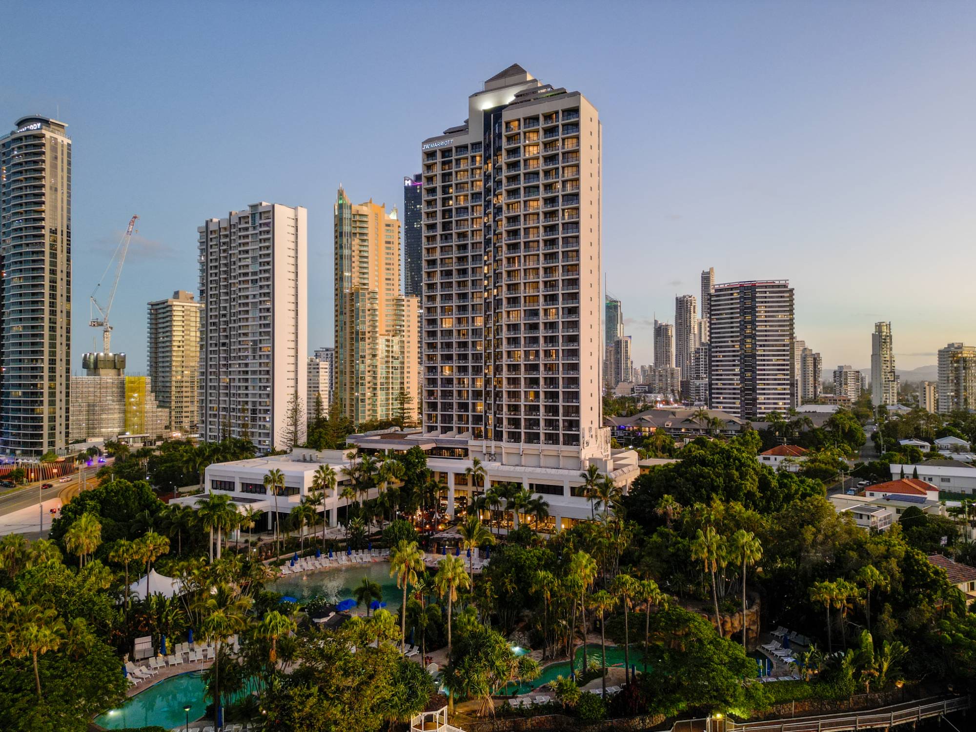 Aerial photo of a Gold Coast resort hotel and gardens at dusk, photographed by Outbound Creative